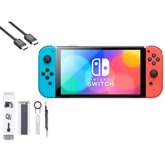 Pre-Owned Nintendo Switch OLED Model Neon Blue/Neon Red Set with BOLT AXTION Cleaning Kit HDMI Bundle