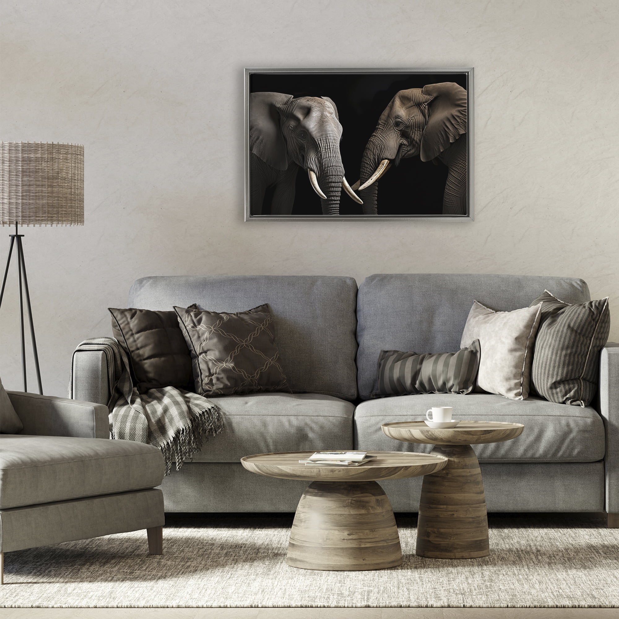 Pachyderm Elephant Pair Gray Framed Floater Canvas Wall Art, design by Decent Exposures