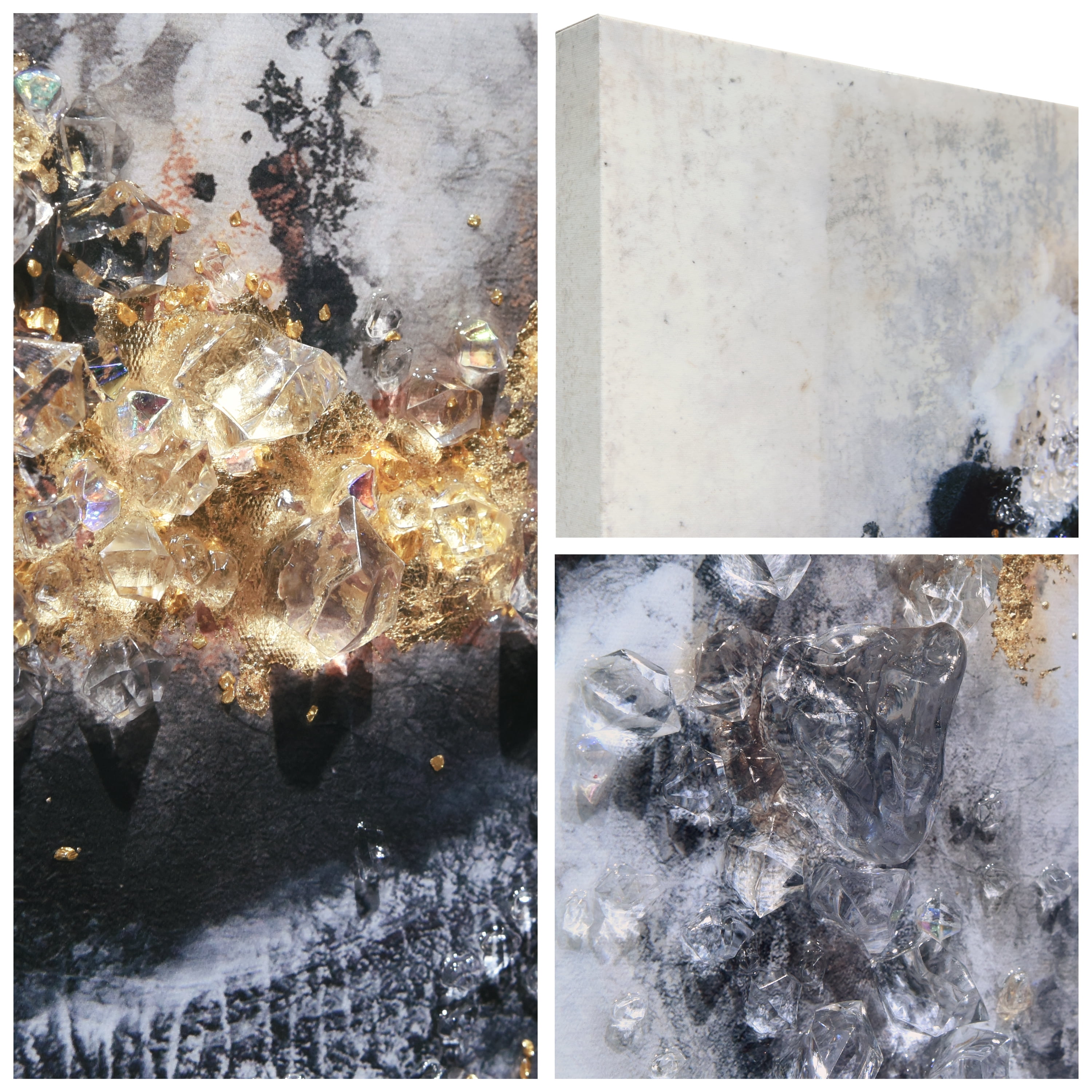 "Cosmic Swirl I & II" Crystallus Epoxy Coated Wrapped Glossy Abstract Canvas Wall Art with Heavy Acrylic Crystal Shards Embellishments, Gold Foil Accents