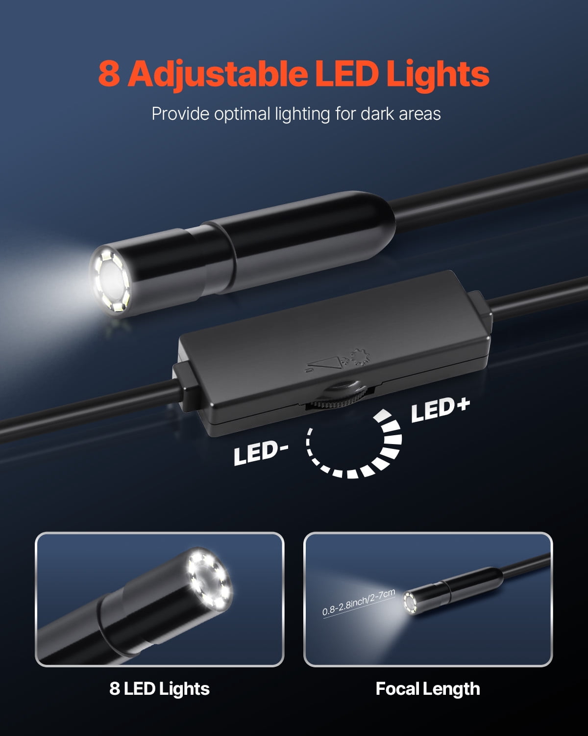 VEVOR Endoscope Camera with Light, 1920P HD Borescope for Android & IOS, 8 LED Lights Inspection Camera with 16.4FT Semi-Rigid Cable, 2X Zoom, IP67 Waterproof Snake Scope Camera for Auto, Plumbing