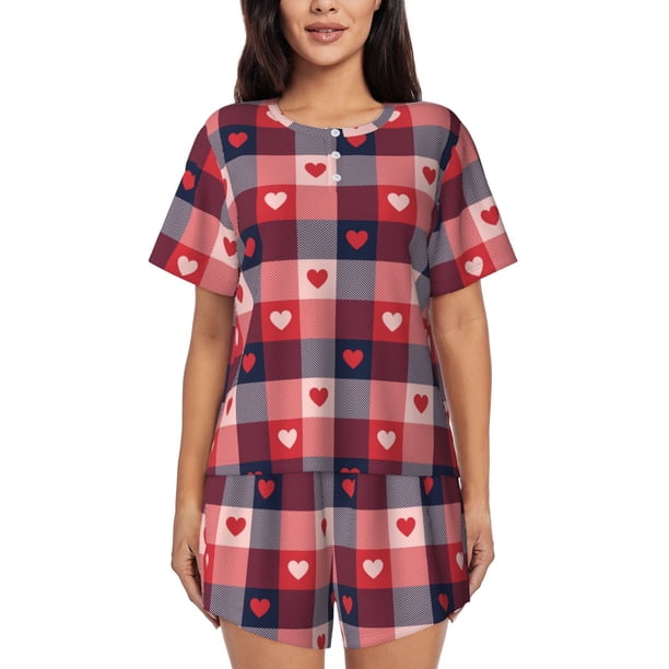 Fotbe Heart Plaid Conjunto de Pijama Estampado para Mujer, 2 Piezas, Ropa de Dormir con Camiseta de Manga Corta y Shorts Suaves-Medium