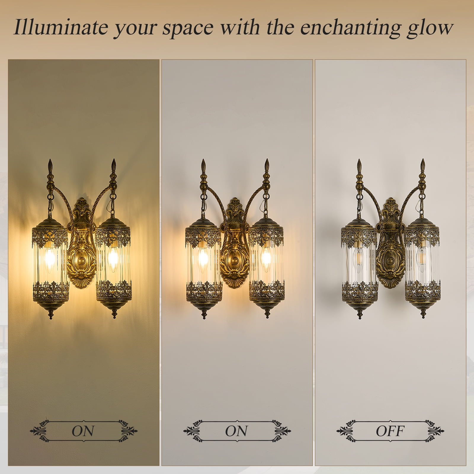 2-Light Vintage Wall Sconce Glass Lantern Wall Sconces Rustic Gold Gothic Wall Lamp Hardwired Glass Wall Lighting Fixture for Bedroom, Living Room, Aisle, Hallway
