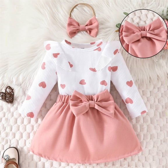 Baby Valentines Outfit Girl Long Sleeve Heart Print Ruffle Top Tutu Skirts and Headband Set Cute Baby Girl Clothes Girl Outfits 12-18 Months