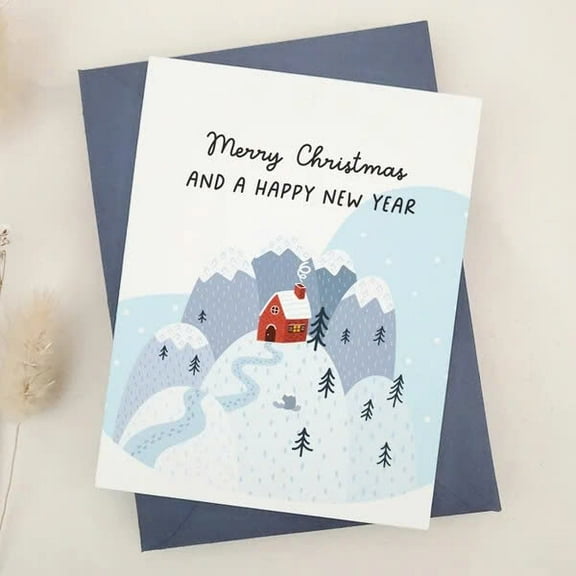 Merry Christmas and Happy New Year Card – Winter Wonderland Design with Cozy Cabin – Envelope Included, Blank Inside – Perfect Holiday Greeting Card for Friends and Family