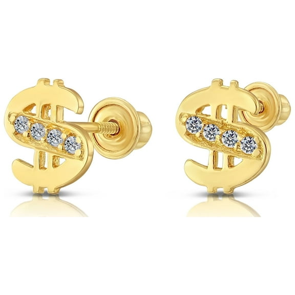 Tilo Jewelry 10K Yellow Gold Small Dollar Sign CZ Stud Post Earrings with Secure Screw-Backs | Everyday Dainty Small Earrings for Women, Men, Unisex
