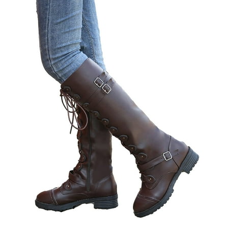 

Tuscom Women s Low-Heeled Knee High Boots Lace-up Buckle Strap Low Heel Zipper Fashion Leather High Knight Boots
