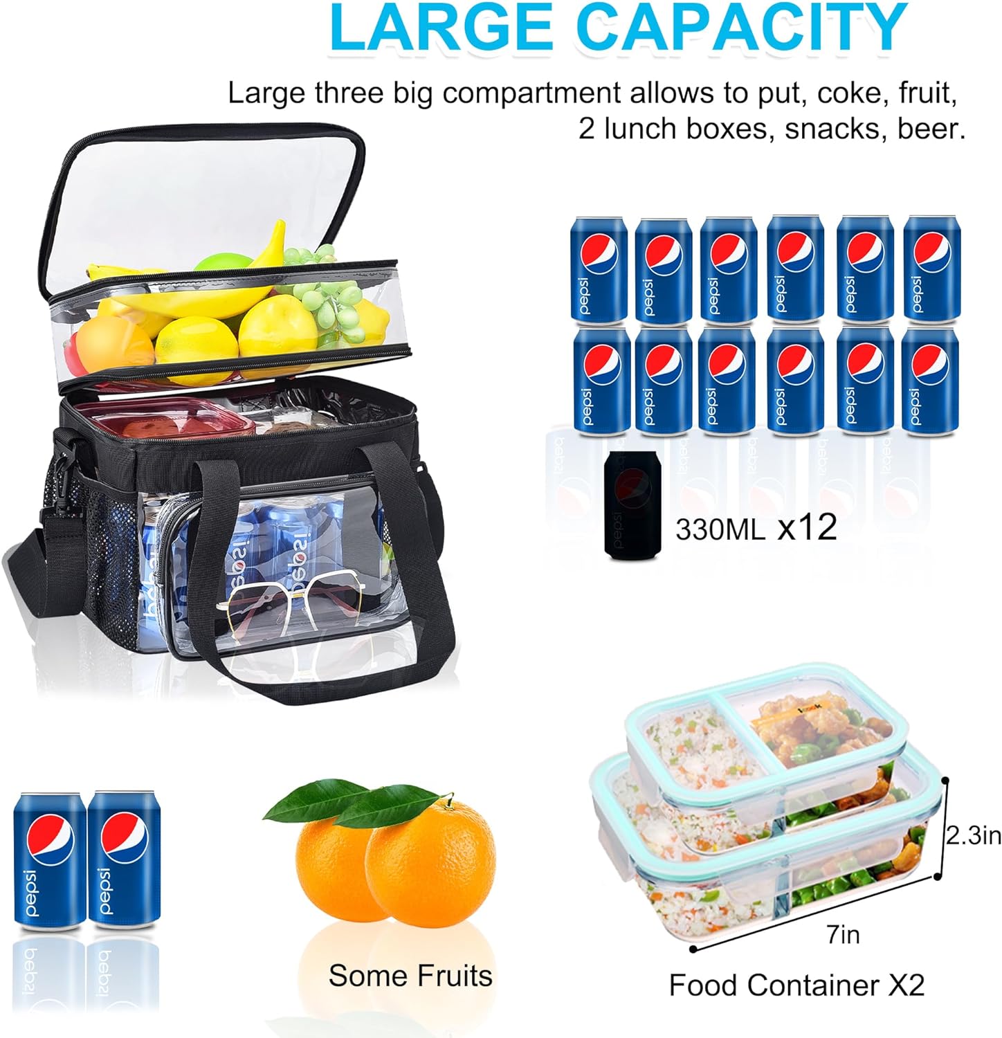 Clear Lunch Bag - Large Double-Deck Reusable Lunch Bag for Work | Heavy Duty PVC Material | 12.5 x 11 x 9 Capacity
