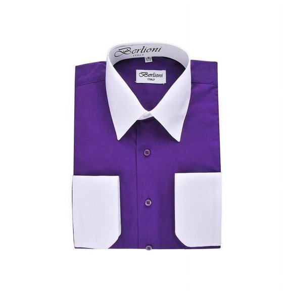 Berlioni Men's Two-Tone French Convertible Cuff Button Up Dress Shirt Purple X-Large 32/33