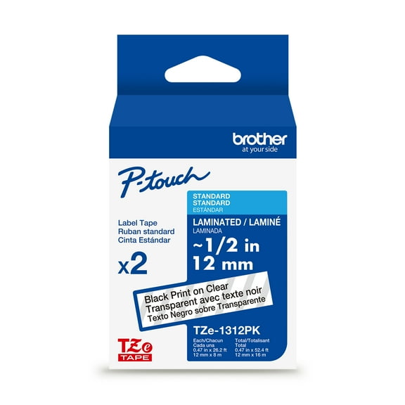 Brother P-touch TZe1312PK Black Print on Clear Label Tapes, 1/2in (12mm) x 26.2ft (8m) Laminated, 2-Piece