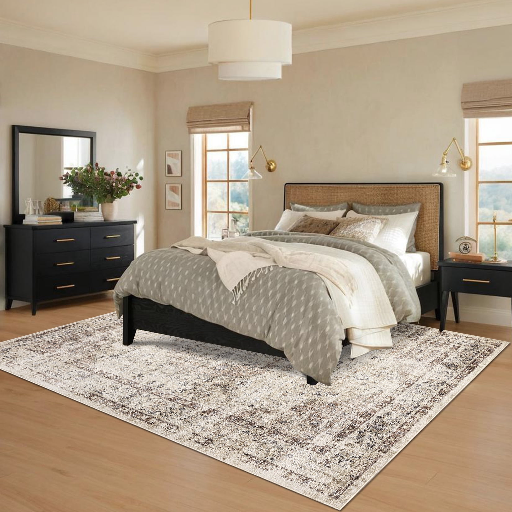 Hasoo 5' x 7' Area Rug for Living Room Boho Vintage Rug Non Slip Throw Rugs Floral Bedroom Rug, Camel