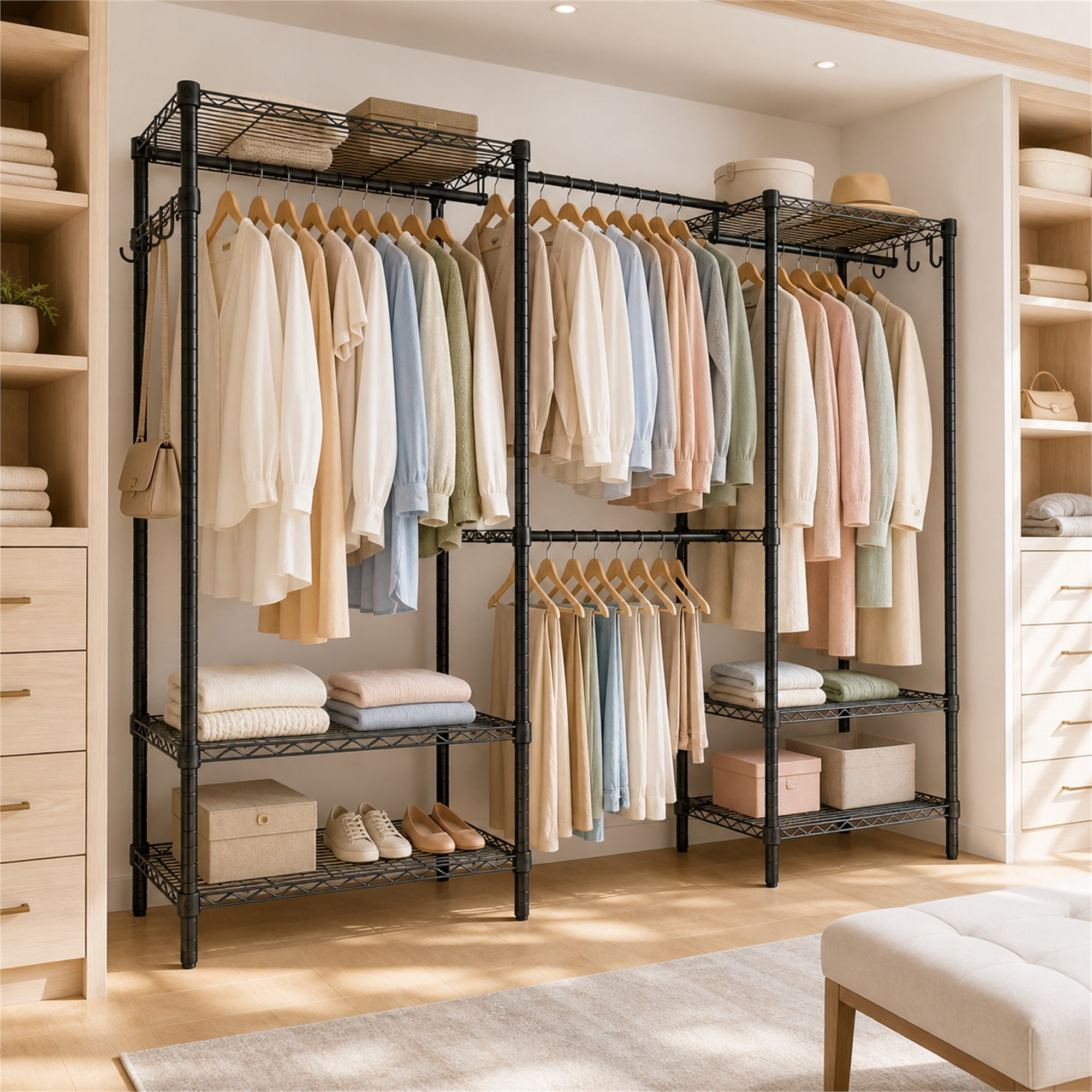 TrumanPick 71.5"-91.3" W Extendable Clothes Rack with Wire Shelves, Heavy Duty Clothes Storage System, Freestanding Clothing Rack for Hanging Clothes Load 1280lbs, Black