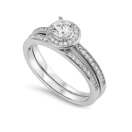 Solitaire Halo Sterling Silver CZ Wedding Engagement Ring Set for Women (10)