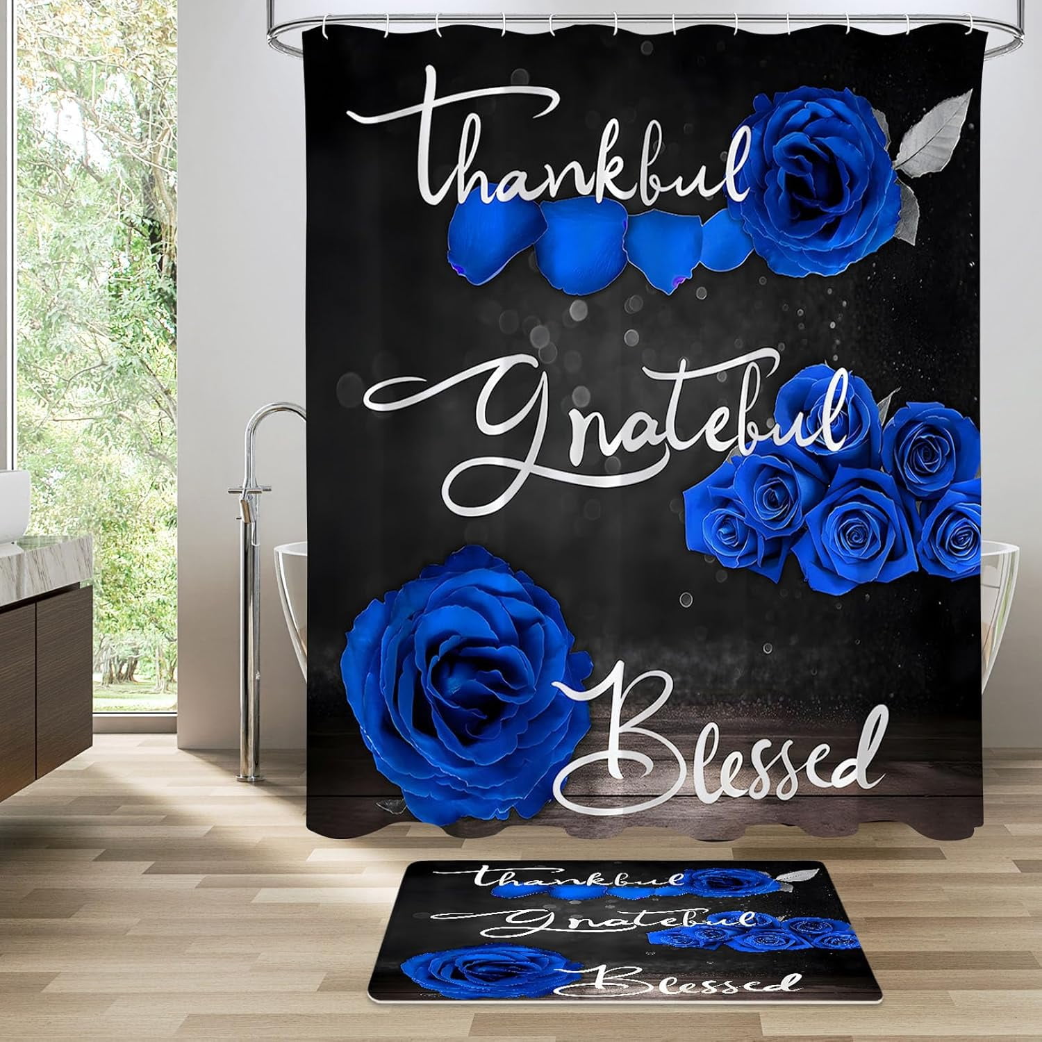 4 Pcs Red Rose Shower Curtain Set with Non-Slip Rugs, Toilet Lid Cover and Bath Mat, Thankful Grateful Blessed Romantic Showy Elegant Floral Bathroom Decor Set with Shower Curtain and Rugs