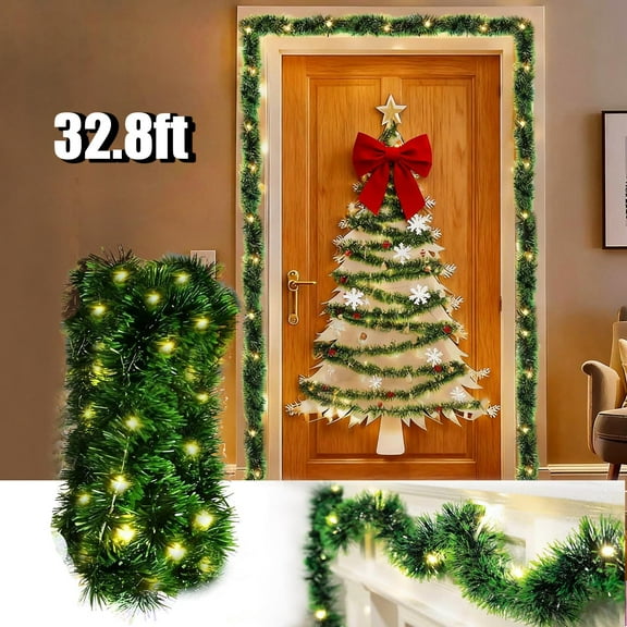 KOYPTL 32.8ft Christmas Garland with String Light,Green Pre-Lit Artificial Christmas Vines Hanging Ornaments for Walls Porch Christmas Tree Window Fireplace Front Door Stairs Indoor Decorations