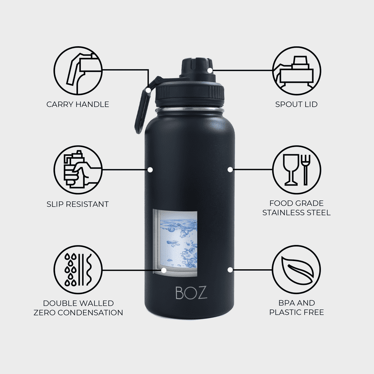 Boz Stainless Steel Water Bottle XL (1 L / 32oz) Wide Mouth, BPA Free, Vacuum Double Wall Insulated (Matte Black)