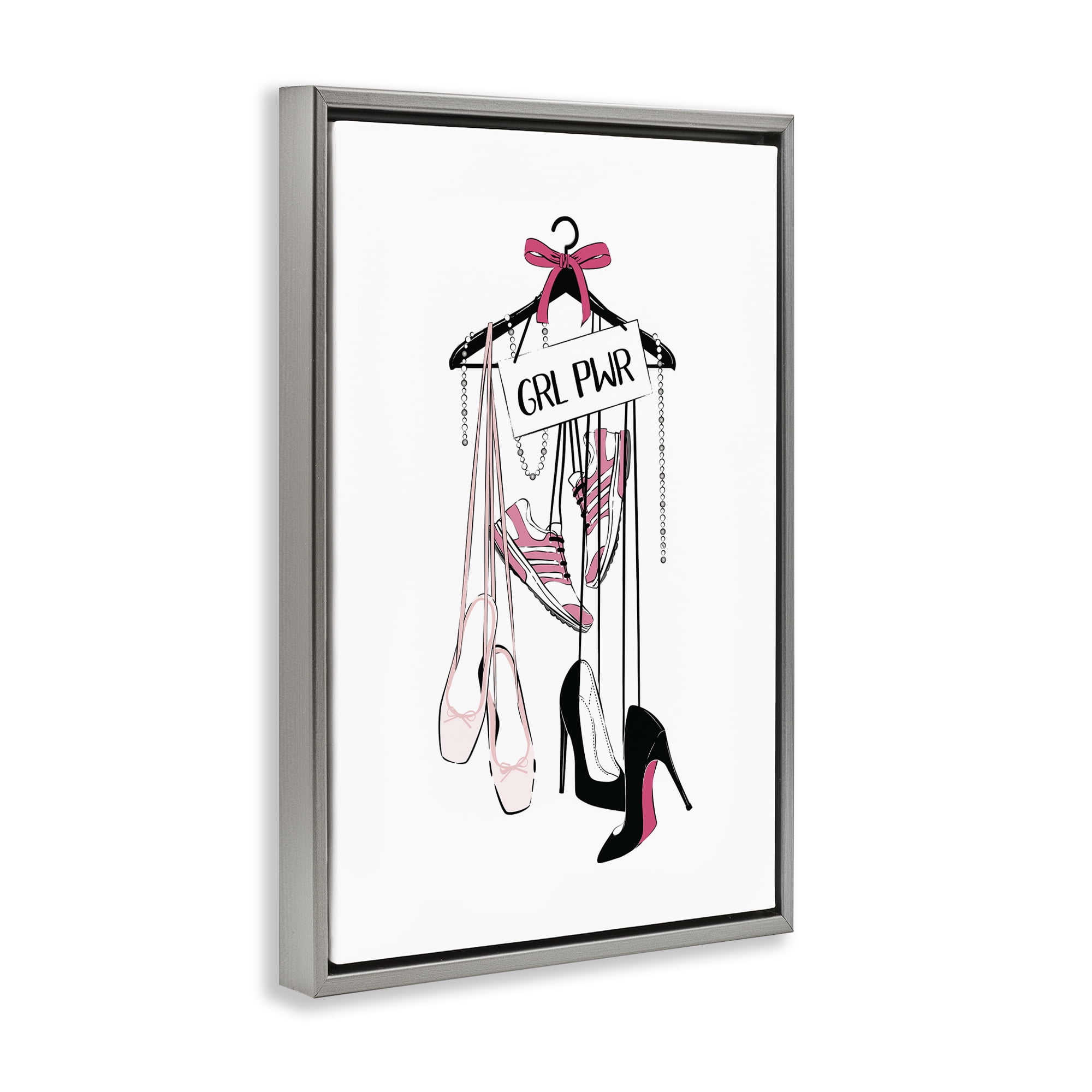 Stupell Industries Grl Pwr Hanging Shoes Beauty & Fashion Painting Gray Floater Framed Art Print Wall Art, 17 x 25