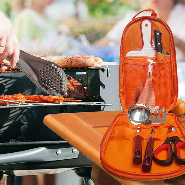Lot de 17 ustensiles de cuisine de camping - Accessoires de barbecue portables et compacts pour randonnée, barbecue, camping, randonnée, voyage, étui résistant à l'eau (orange