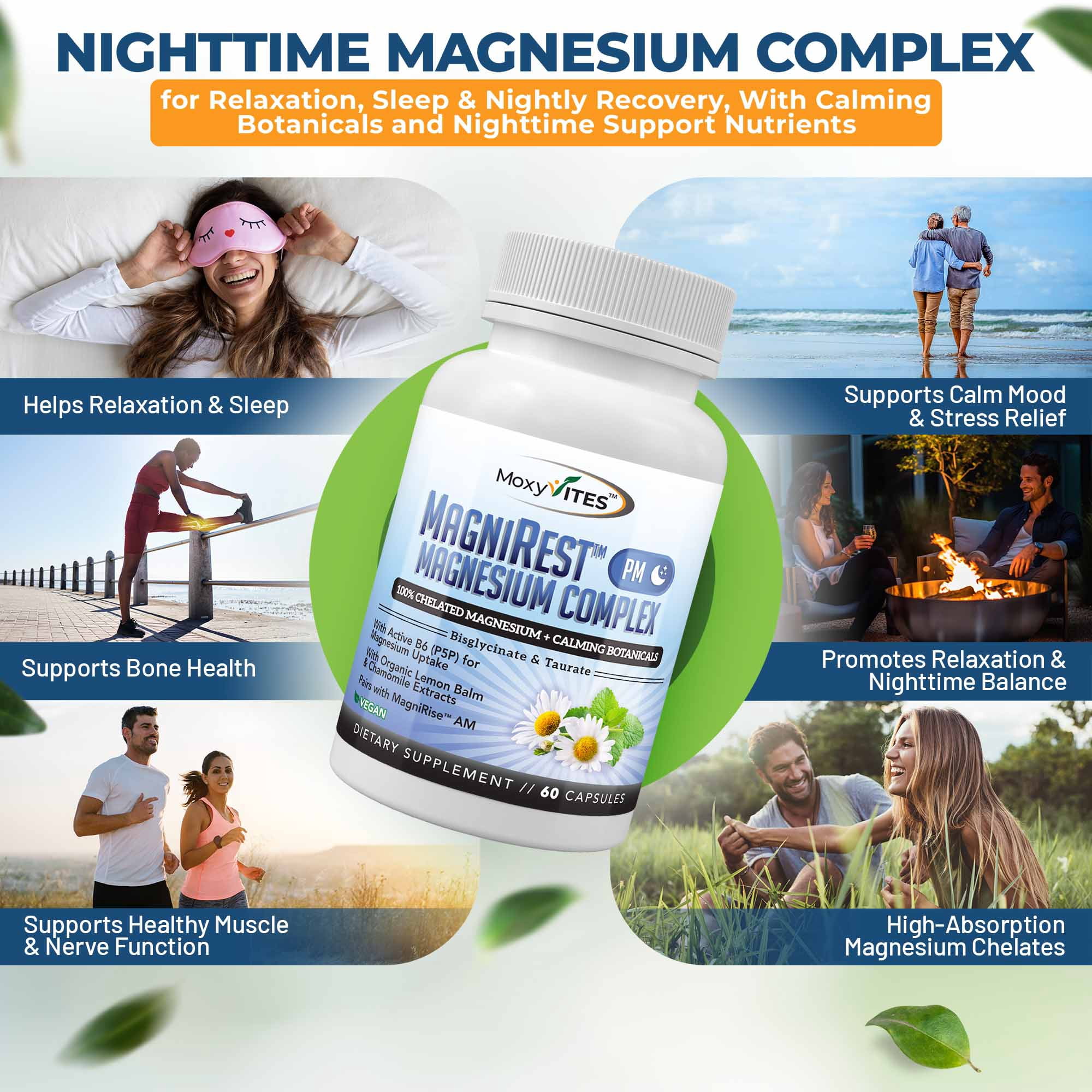 MoxyVites MagniRest Magnesium Bisglycinate Taurate with Vit B6, Sleep Aid, Anxiety Relief, Gluten-Free, Vegan, 60 Count