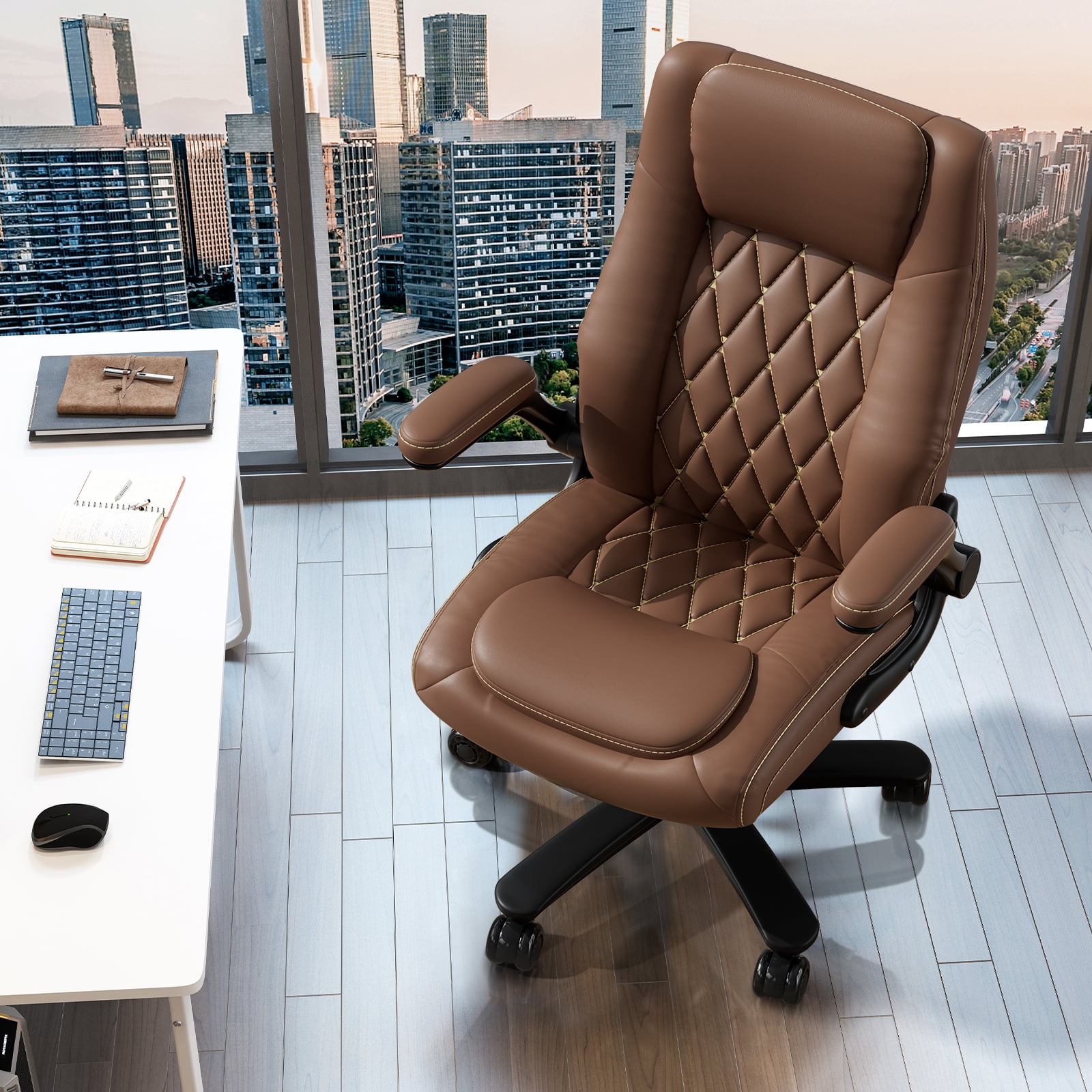 Genpo Big and Tall Office Chair 400LBS, High Back Brown Leather Executive Office Chair, Computer Desk Chair with Adjustable Flip-up Arms, Wheels and Lumbar Support