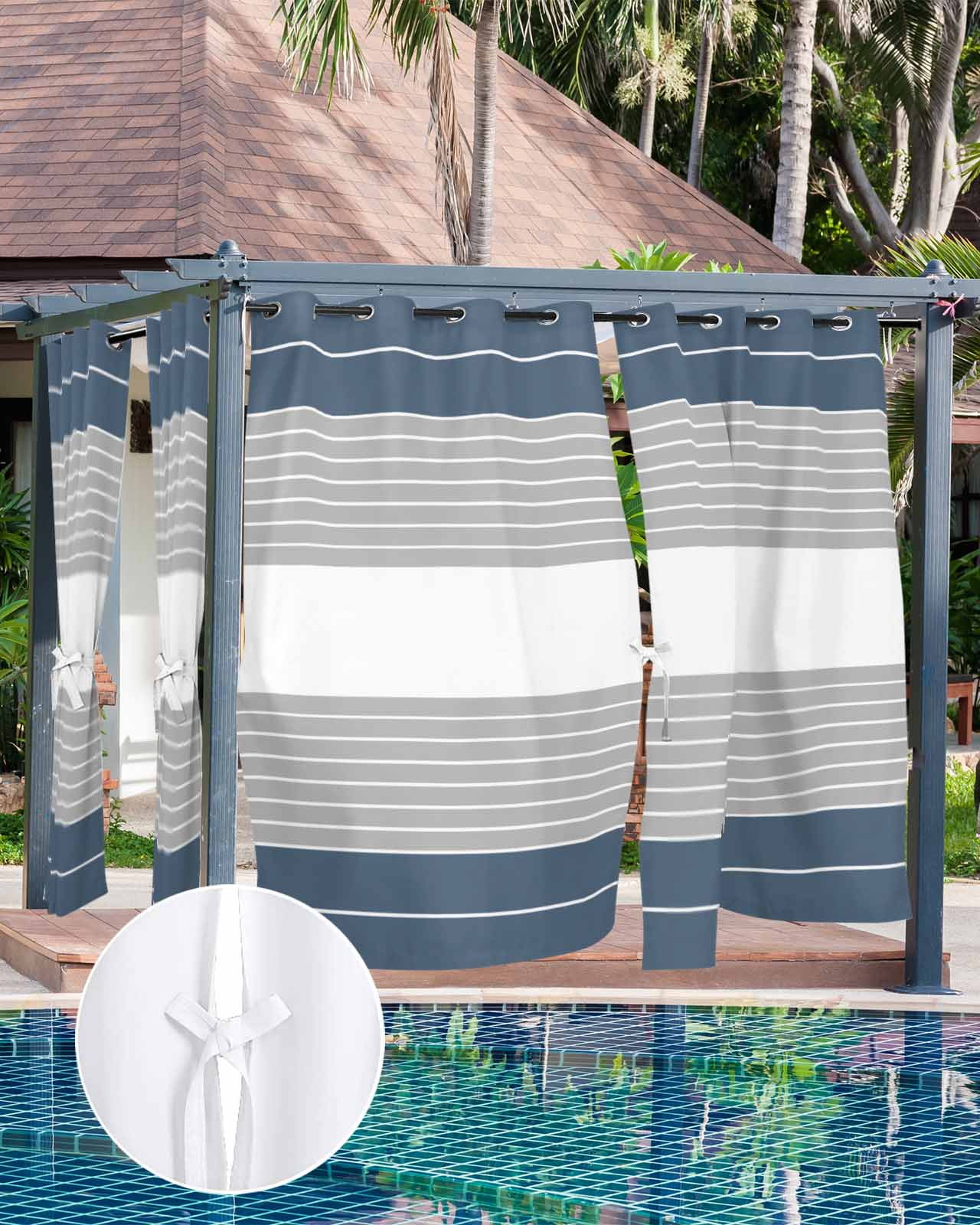 Haze Blue Grey Stripe Outdoor Curtains for Patio, Modern Art Horizontal Striped Privacy Drapes Grommet Waterproof Outside Curtains for Porch/Cabana/Balcony 54"x 95", 1 Panel