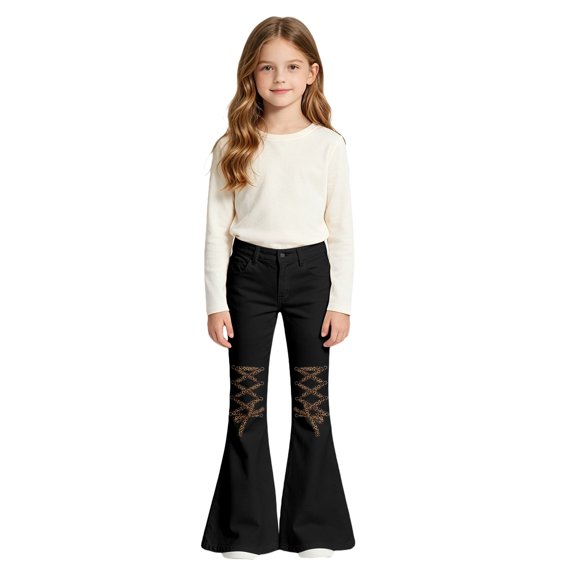 LRen Girls Bell Bottom Pants Straight Leg High Waisted Bootcut Bell Bottoms with Pockets Crisscross Lace Up Flare Leg School Uniform Clothes for Tween Teen Girls Age 9-10 Years