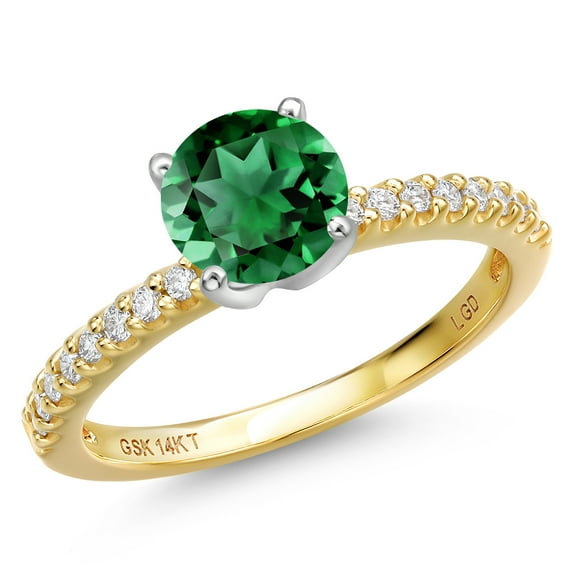 Gem Stone King 14K Two Tone Gold Green Nano Emerald and Lab Grown Diamond Engagement Ring for Women | 1.38 Cttw | Round 7MM | Gemstone May Birthstone | Size 8
