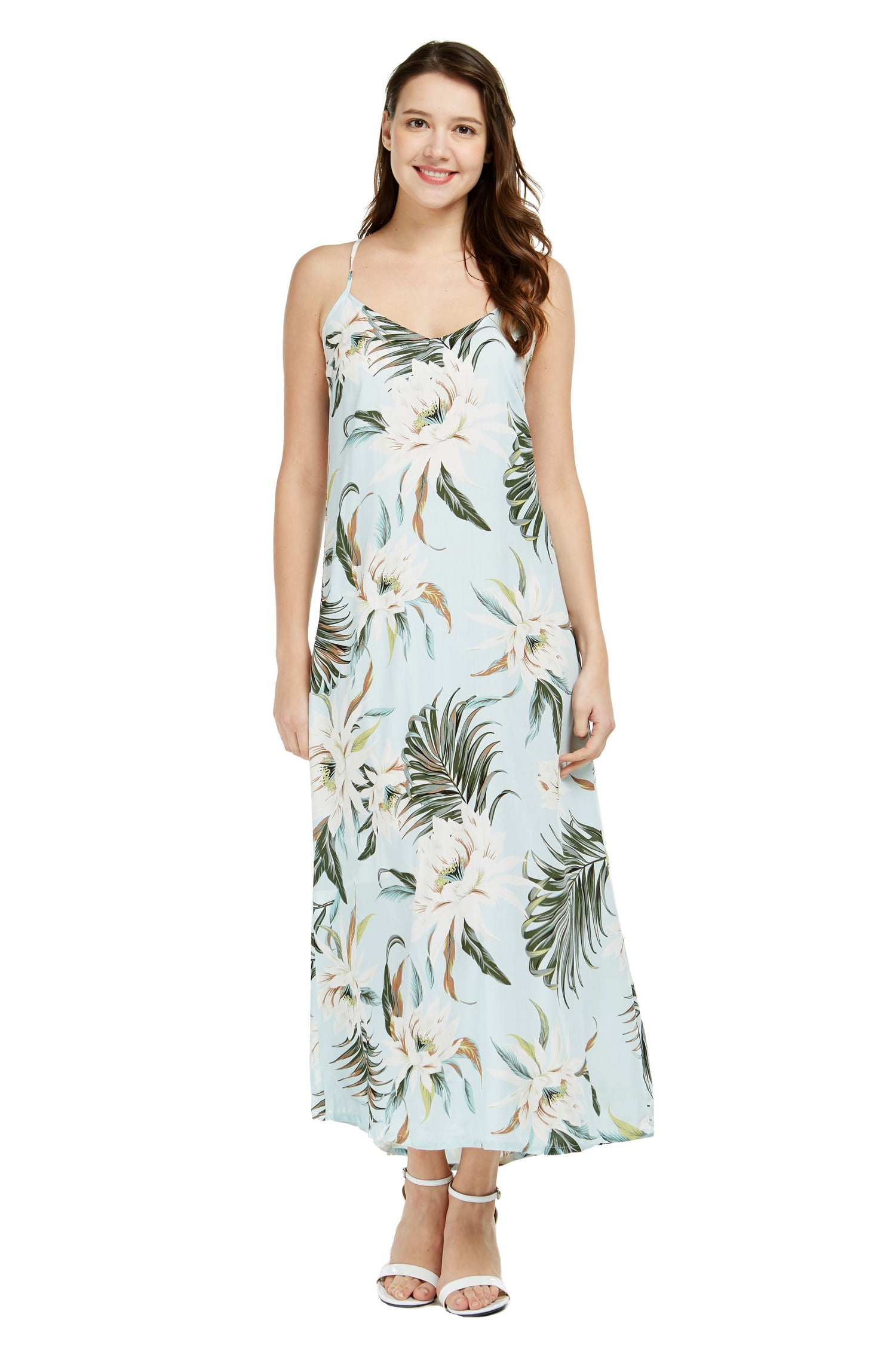 Hawaii Hangover - Women's Hawaiian Luau Floral Print Maxi Sweetheart Dress L Wispy Cereus Light 