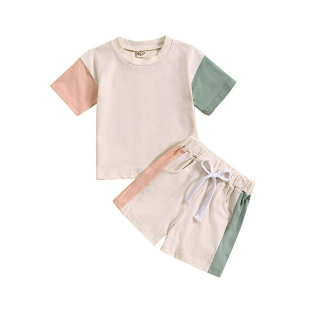 Odeerbi 0-3 Años Niños Niñas Conjunto de Verano Camiseta de Manga Corta de Algodón Color Block Shorts Conjunto de Dos Piezas