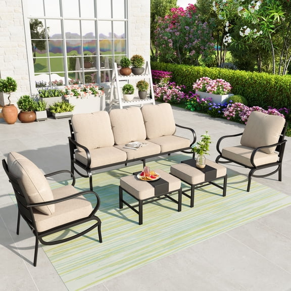 Summit Living 5 Piece Patio Conversation Set for 7 Person, Steel Sofa Outdoor Furniture Set, Beige Cushion