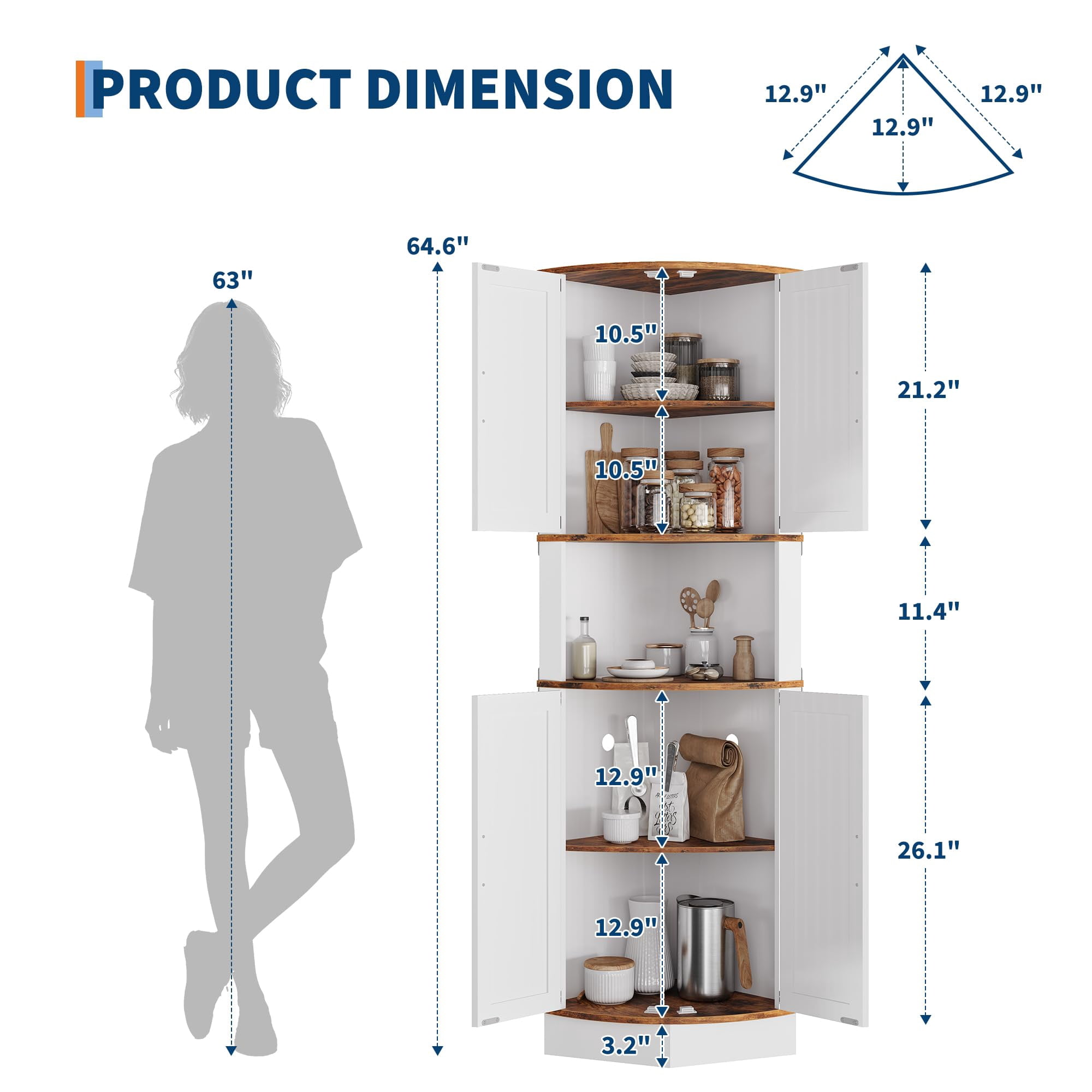 64.6" Tall Farmhouse Corner Storage Cabinet with Barn Doors, Freestanding Triangle Display Cabinet with Adjustable Shelves for Home, Brown