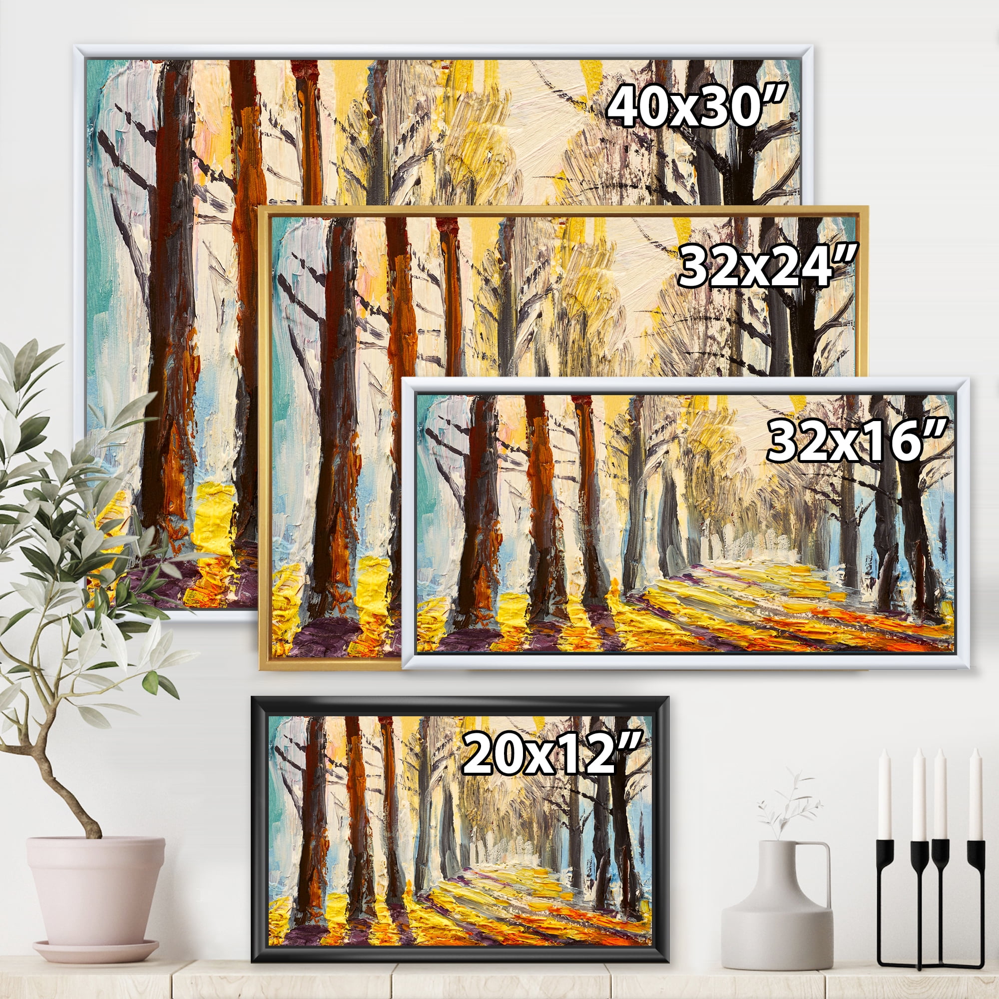 Morning Glow Through The Autumn Trees 32 in x 24 in Framed Painting Canvas Art Print, by Designart