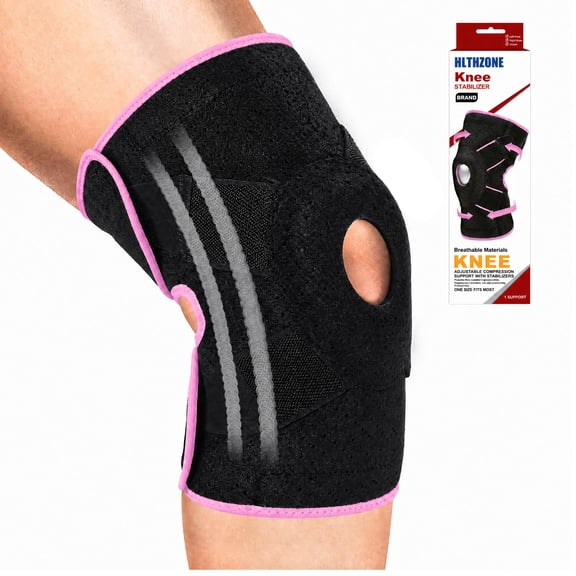 HLTHZONE Adjustable Knee Brace with Side Stabilizers, Compression Knee Support for Meniscus Tear, Arthritis, ACL LCL Injury & Knee Pain Relief for Men & Women, Size L(Black/Pink)