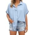 thumbnail image 3 of Horkkom Womens Summer Tops Short Sleeve Solid Color Button Down Shirts Collared Loose Casual Tops Slit Side L, 3 of 8