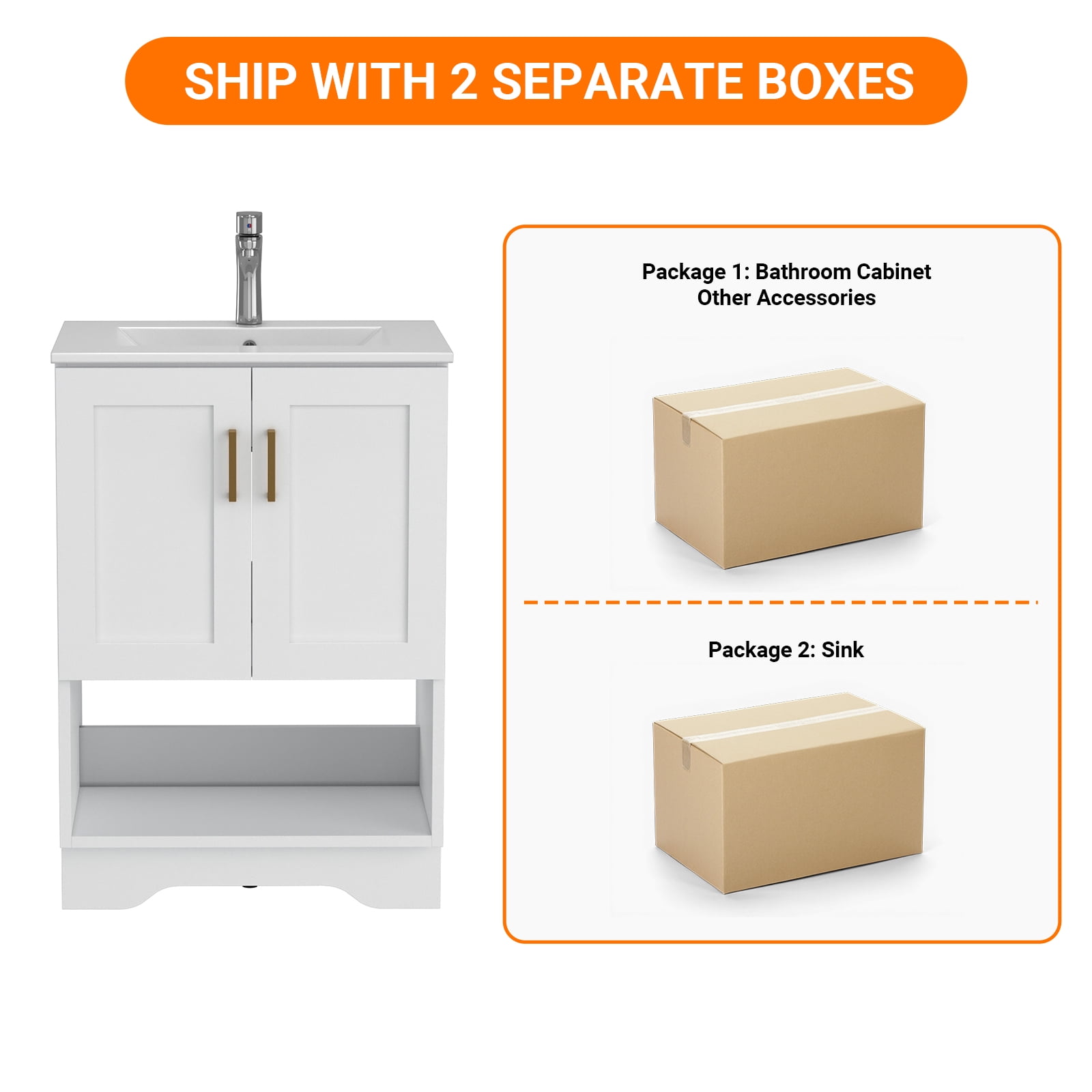 KZElegy 24 Inch Modern Bathroom Sink Cabinet Freestanding Vanity with Sink,2 Soft-Close Doors & 1 Open Shelf,Bathroom Storage Cabinet,White