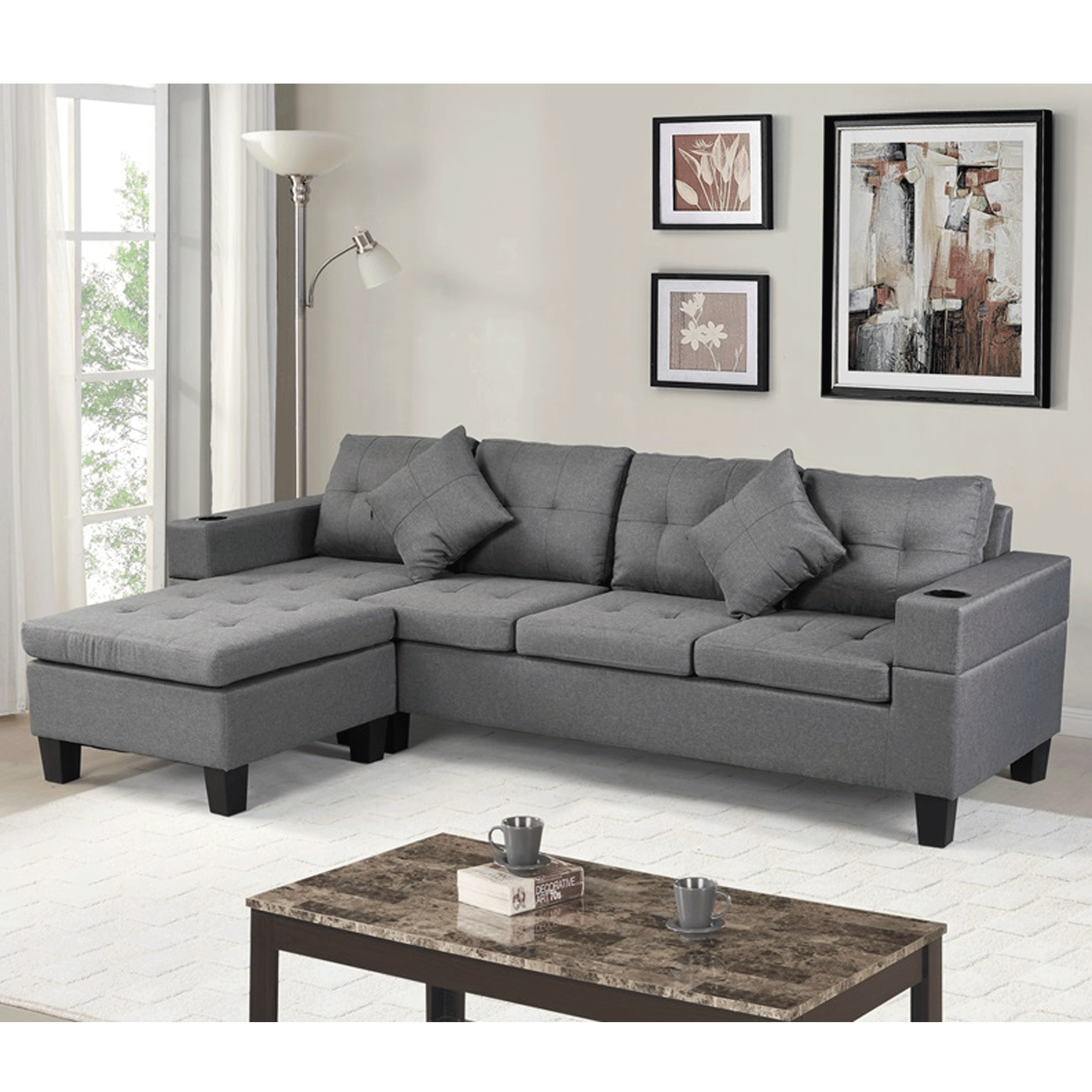 Gray 3 Pcs Sofa Set Living Room Furniture Reversible Sectional Sofa Sleeper with Storage Cup Holders Sofa Bed Home Furniture