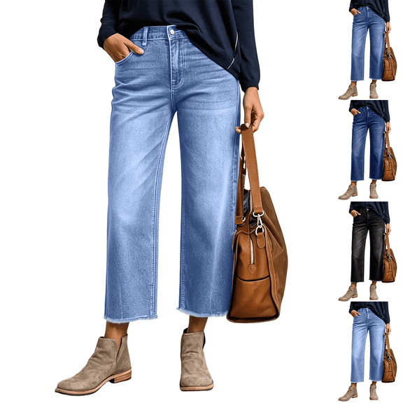 Womens Cropped Jeans Stretchy High Waisted Raw Hem Side Seam Wide Leg Ankle Jeans 2026 Summer Denim Pant with Pockets, S