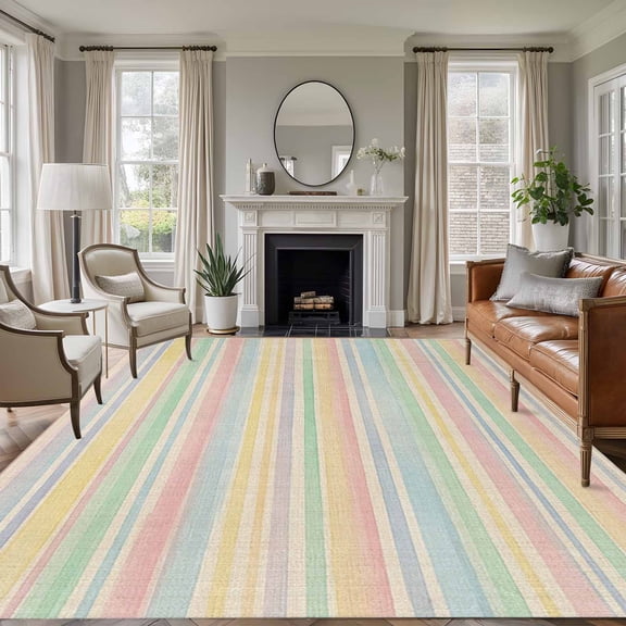 Colorful Striped Area Rugs 5'x8', Washable Small Throw Rugs for Classroom Bedroom, Modern Farmhouse Vertical Stripes Burlap Indoor Outdoor Rug Non-Slip Low Pile Carpet Runner Reversible Floor Mats