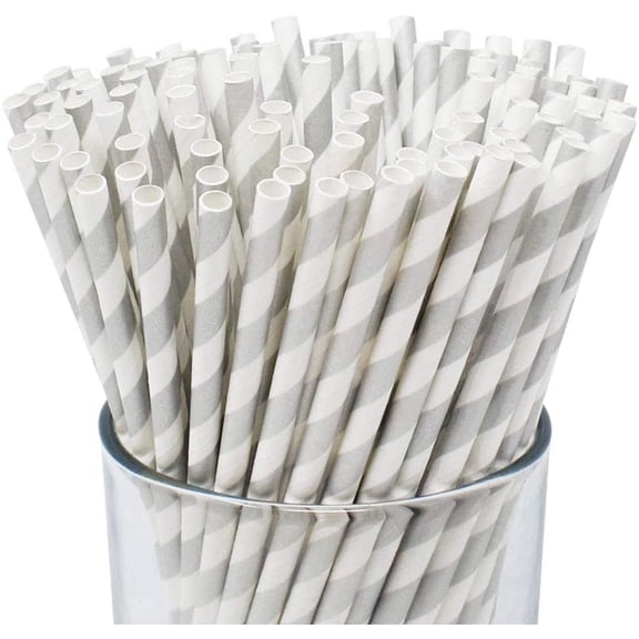 Triani 100 Biodegradable Paper Straws - Durable & Eco-Friendly in Stripes Straws - Gray Drinking Straws & Party Decoration Supplies