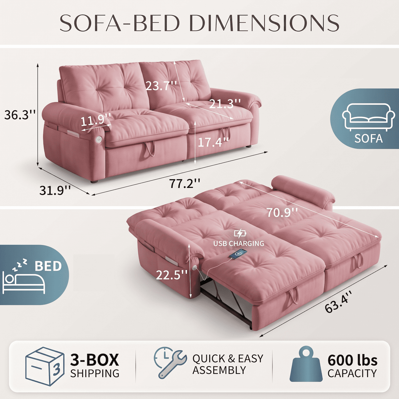 Xiweot Convertible Sleeper Sofa Bed, 77" Queen Size Pull Out Couch Bed with Adjustable Backrest, USB Ports & Side Pocket, Velvet Loveseat Sleeper for Living Room Small Space (Pink)
