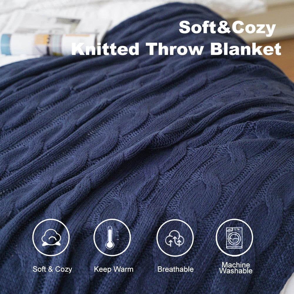 Battilo Navy Cable Knit Blankets,Herringbone Cozy Decorative Knitted Throw,Housewarming Gifts,50"x60"