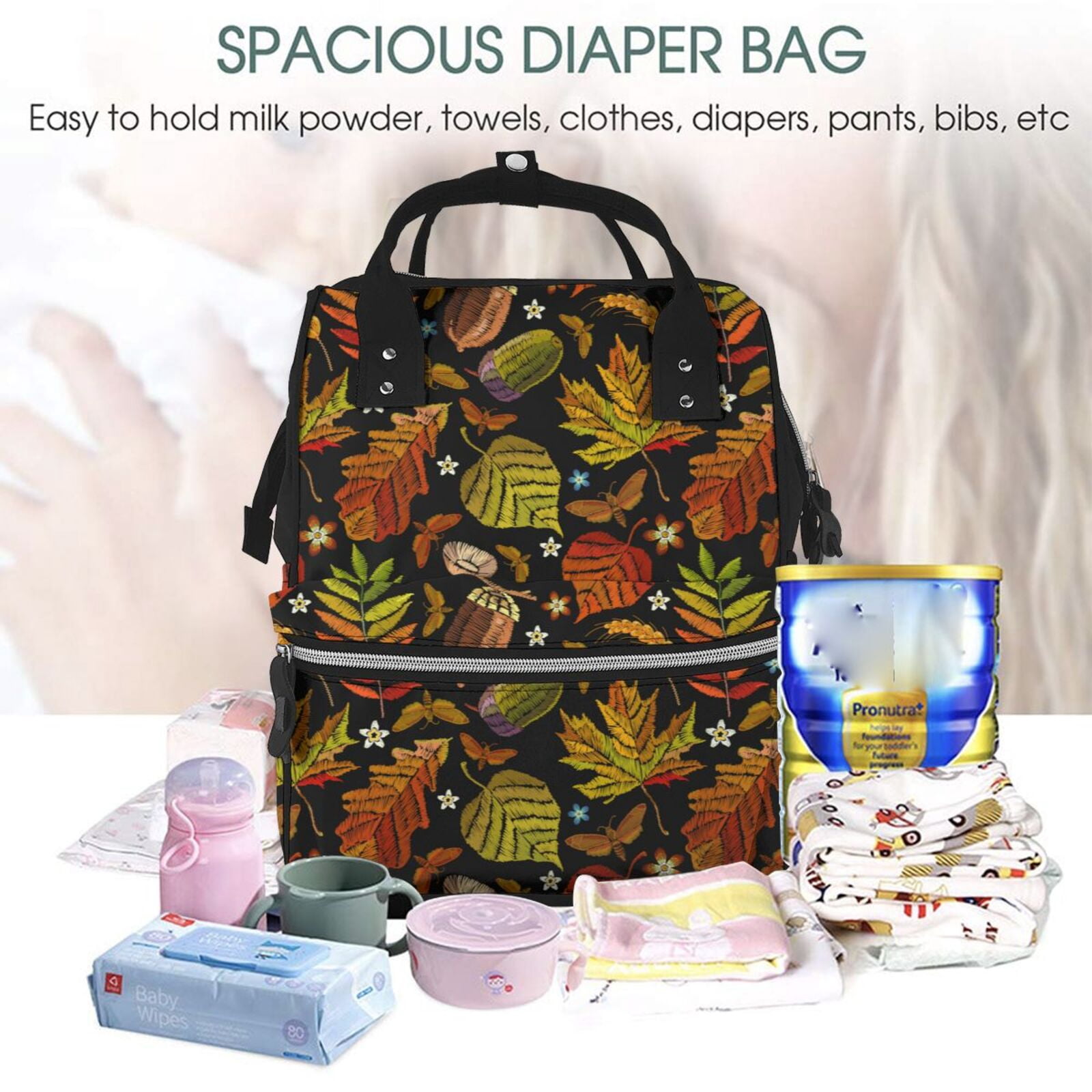 Fuzoiu Vintage Autumn Plants Butterfly Print Diaper Bag Backpack,Baby Essentials Travel Tote,Multi function Waterproof Diaper Bag, Travel Essentials Baby Bag - Unisex