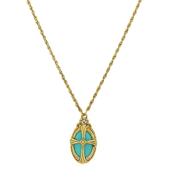 Symbols of Faith Imitation Turquoise Oval Pendant Necklace 20"