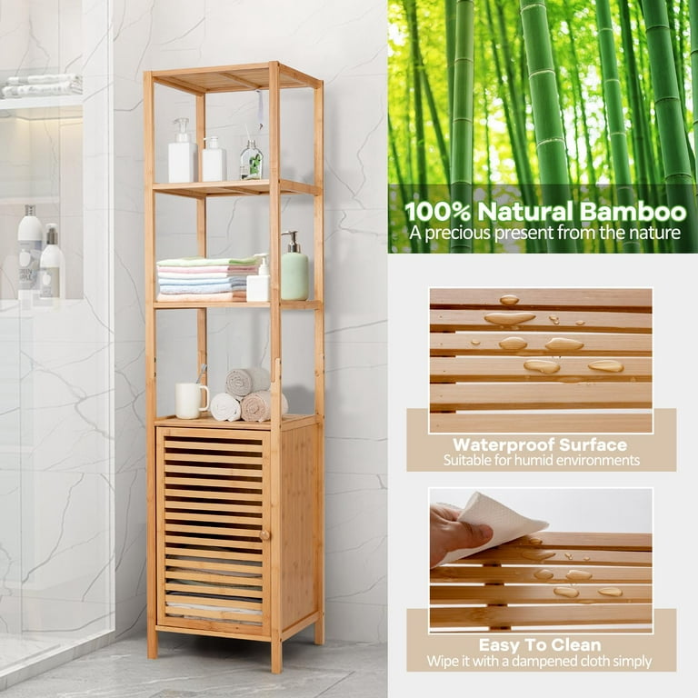 kleankin Tall Bathroom Storage Cabinet, Free Standing Bathroom Cabinet Slim  Side Organizer with 3 Shelves and Bamboo Cabinet, White/Natural