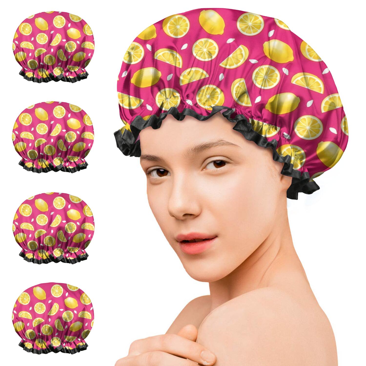 Shower Caps,Yellow Lemon Fruit Slices Pink Pattern Waterproof Shower Cap for Women 4 Pieces,Double Reusable Hair Cover for Shower PEVA Elastic Stretch Hem