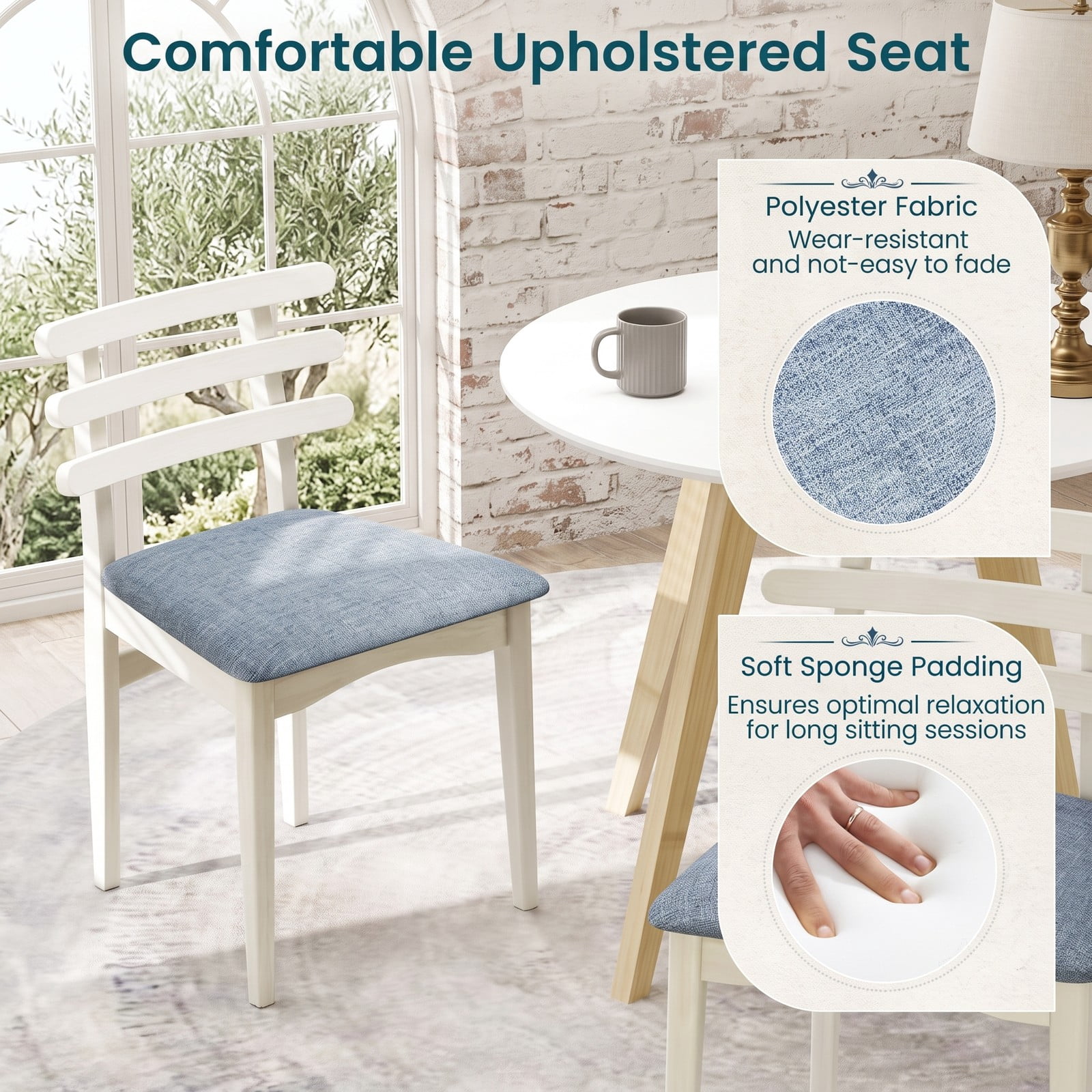 Furnibear Set of 2 Fabric Kitchen Dining Chairs, Upholstered Side Chairs with Rubber Wood Frame, Padded Polyester Seat and Ladder Backrest for Restaurant Home, White