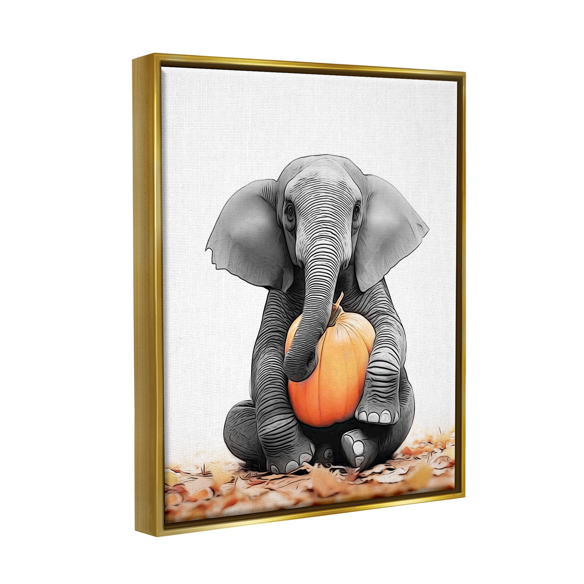 Stupell Industries Elephant in Autumn Leaves Holiday Painting Gold Floater Framed Canvas Art Print Wall Art, 25 x 31