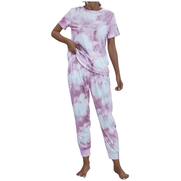 Pantalones Casuales de las Mujeres Imprimen Manga Corta Cuello Redondo Superior Y Pantalones Largos de Cintura Elástica, Juego Deportivo Casual