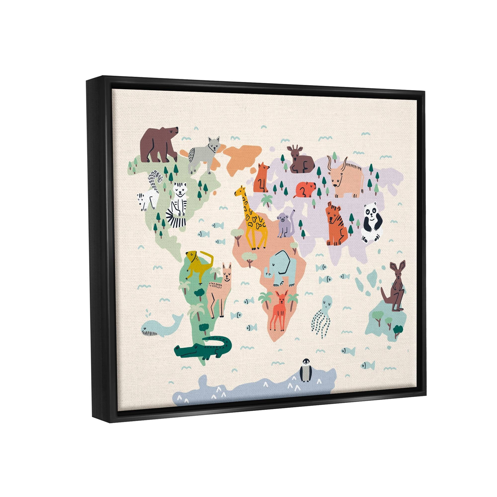 Stupell Industries Educational World Map Native Animals Wildlife Chart Graphic Art Luster Gray Floating Framed Canvas Print Wall Art, Design by Dominika Godette