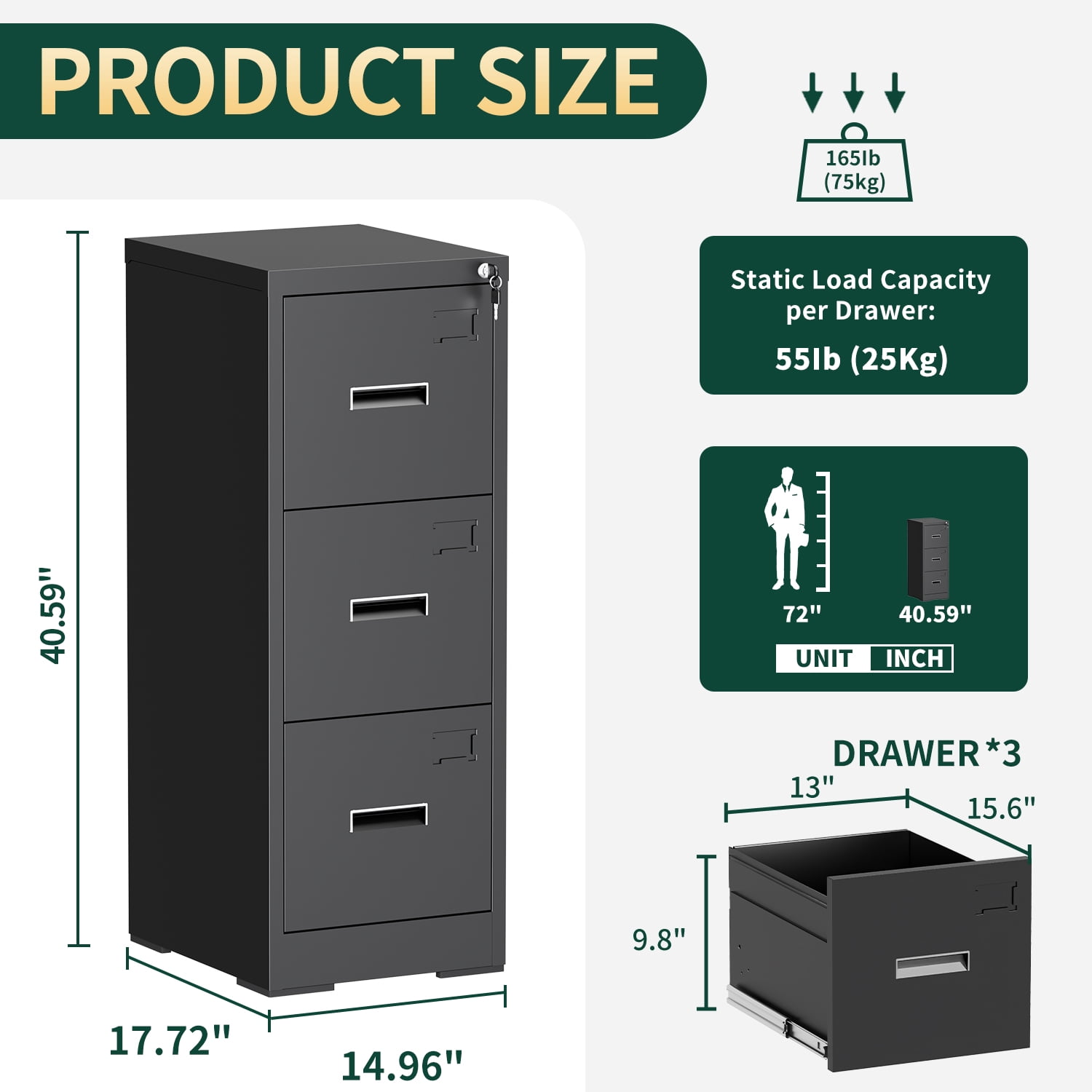 IKIMI 3 Drawer File Cabinet - Metal Vertical Filing Cabinet with Ample Storage, Easy Assembly for Home Office/Study, Storage for Letter/Legal/A4 File, Assembly required-Black
