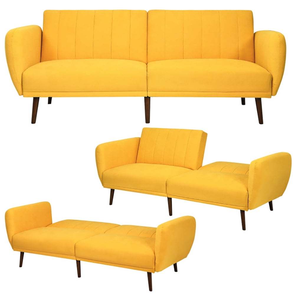Finihen Convertible Futon Sofa Bed, Modern Convertible Sleeper Couch, Adjustable Couch Sleeper with Wood Legs, for Studio, Apartment, Office, Small Space, Living Room, Bedroom, Yellow